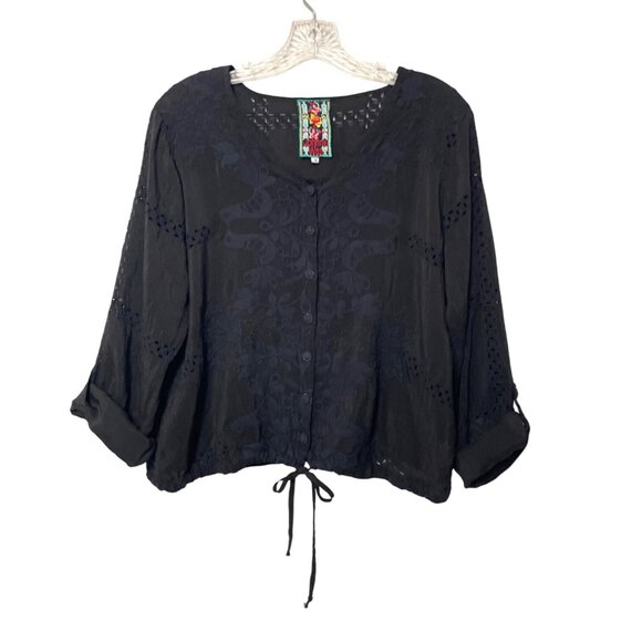 Johnny Was Black Embroidered Button-Front Blouse Roll Tab Sleeve Waist Tie Small - Picture 2 of 11